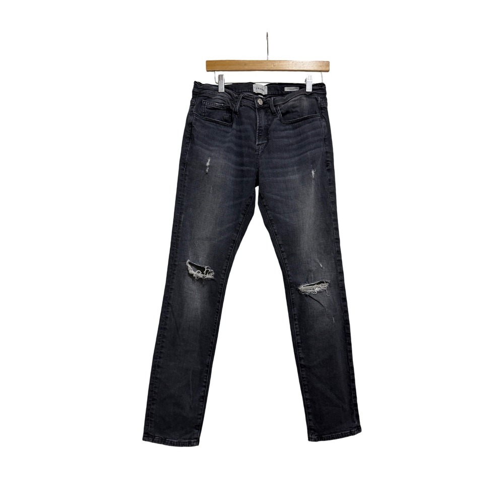 FRAME L'Homme Skinny Jeans Mens 31 Black Oak Rips‎ Distressed LMHKB786 Grey
